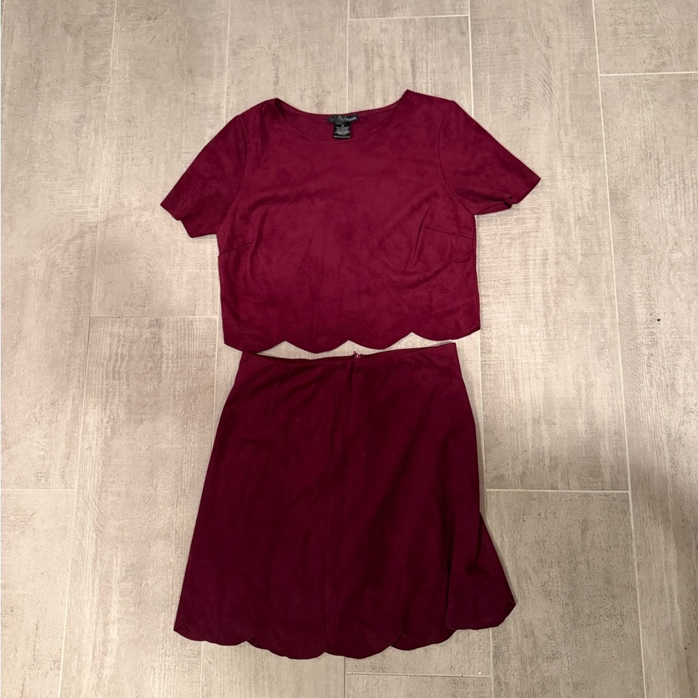 Aqua Brand Two-Piece Suede Scalloped Skirt & Crop Top Set